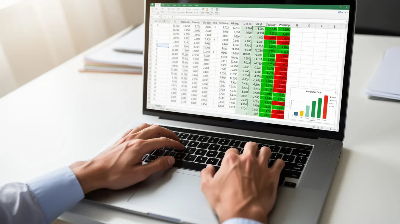A pair of hands is typing on a laptop keyboard, while a financial spreadsheet displaying various loan calculations, including monthly repayment amounts and interest rates, is visible on the screen. The scene suggests the use of a loan calculator to determine personal loan details.