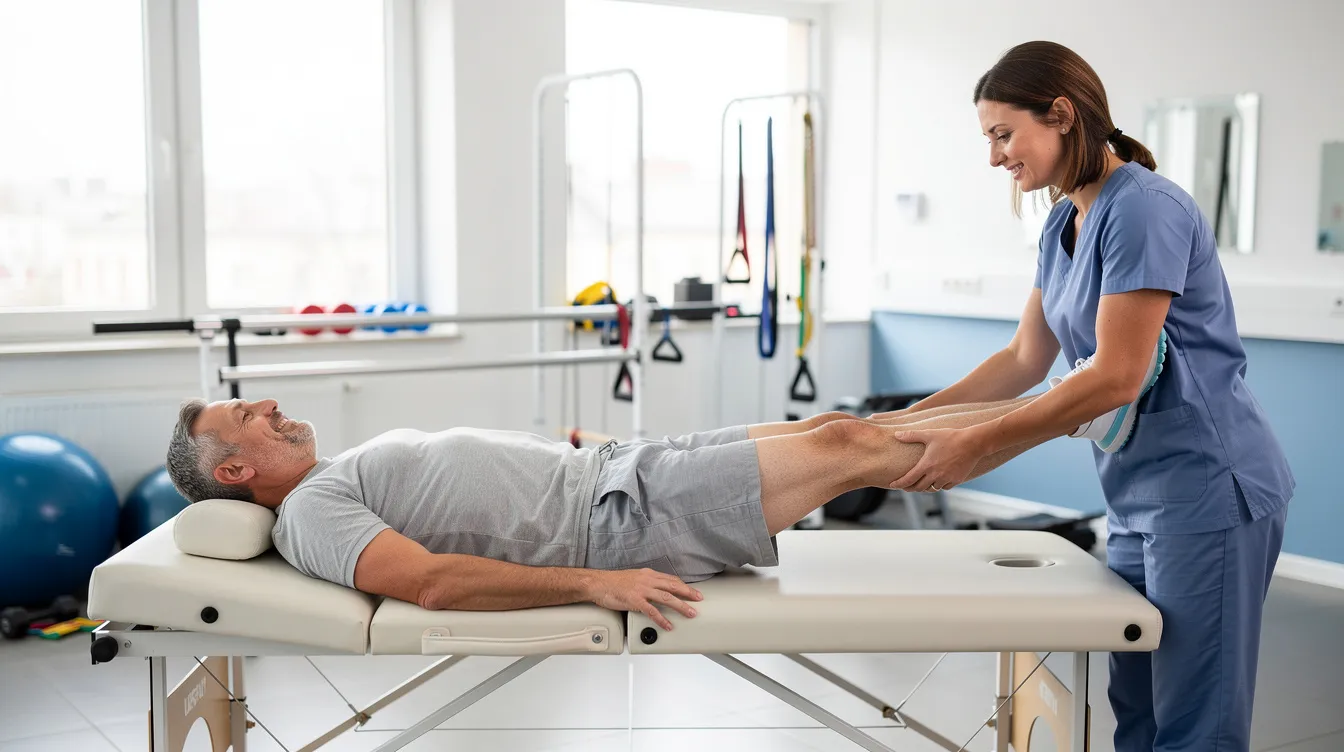 The image shows a person undergoing physical therapy with a therapist, focusing on rehabilitation after an automobile accident. This session highlights the importance of recovery for victims of accidents in Houston, helping them regain strength and mobility.