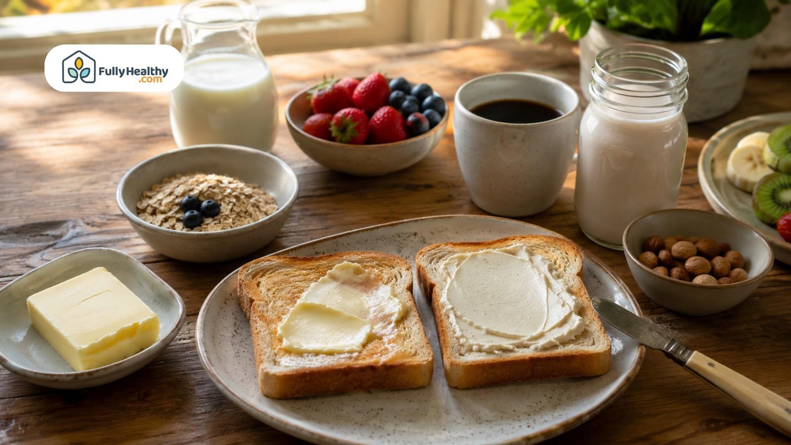 Breakfast toast topped with butter and dairy-free spread alongside wholesome breakfast ingredients