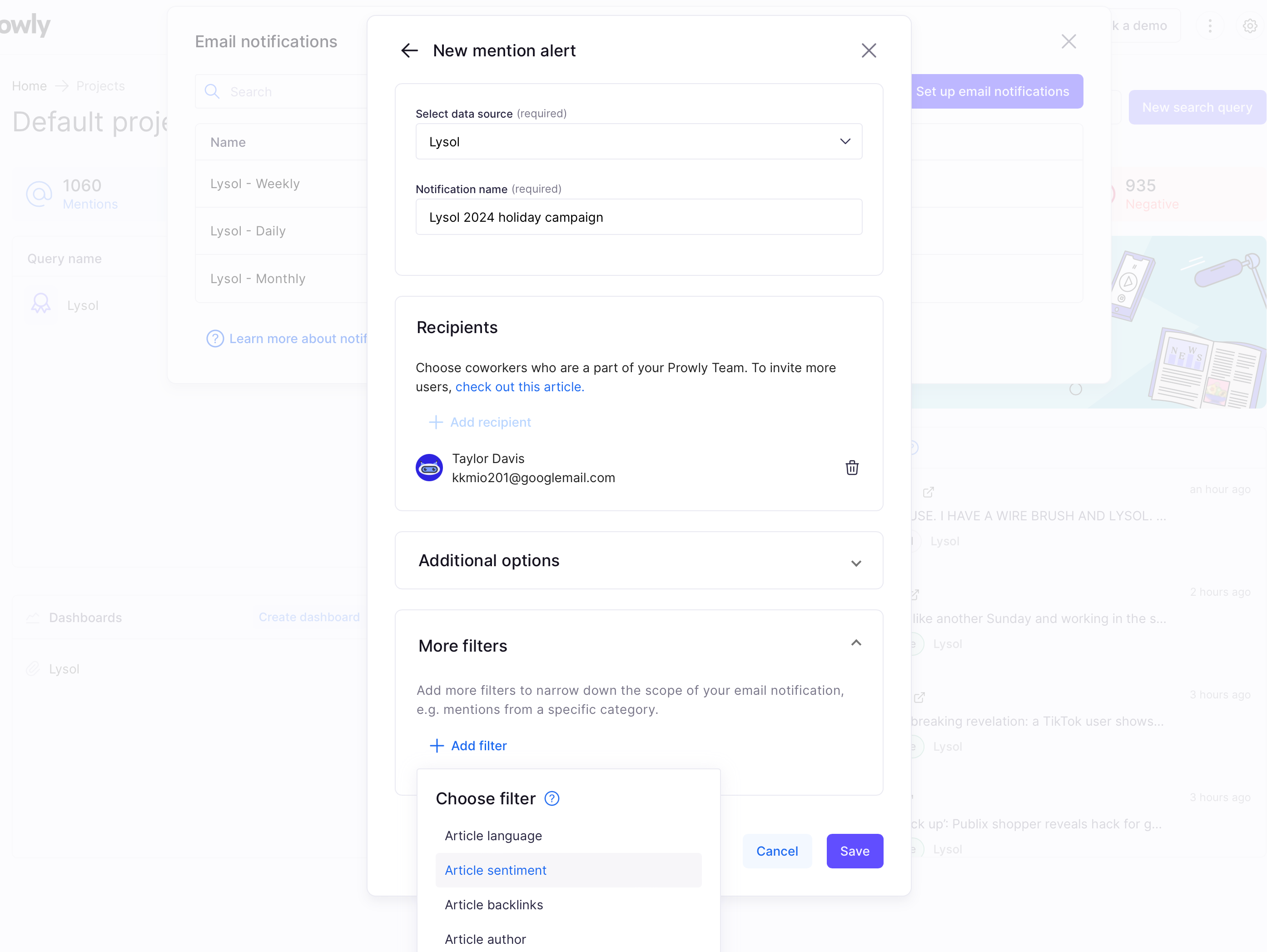 Prowly's interface displaying email options and filters for setting up notifications.