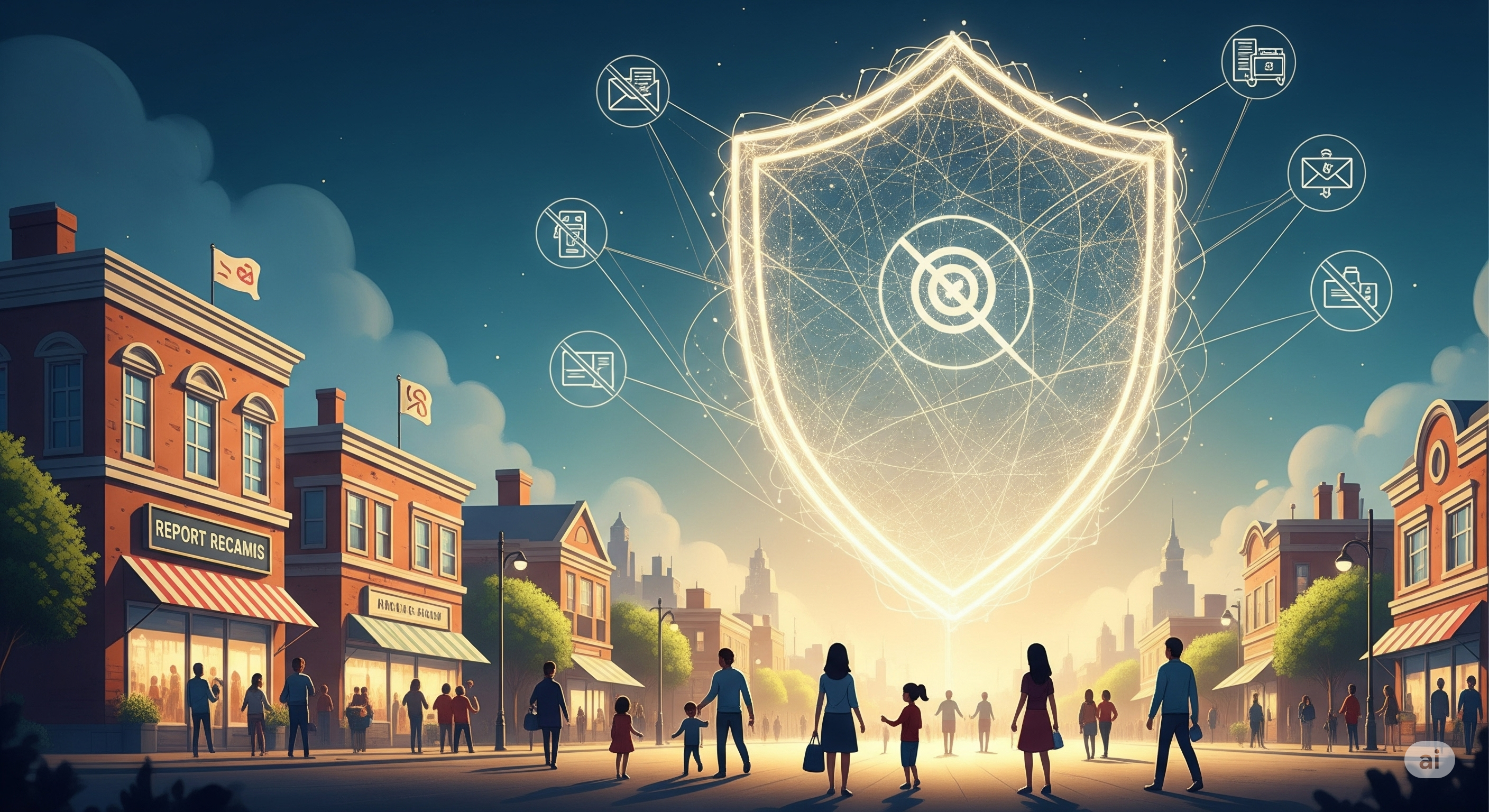 A semi-realistic image depicting the benefits of reporting scams, it is showing a vibrant community protected and empowered by collective reporting efforts. The image should convey the idea that reporting scams benefits everyone, not just the individual, and should include elements representing community, protection, and empowerment.