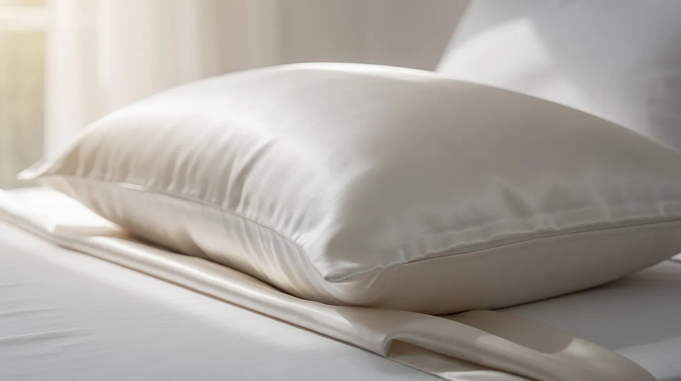 A close-up view of a smooth satin pillowcase elegantly draped over a white bed pillow, illuminated by soft morning light. This satin fabric is known for its skin benefits, helping to reduce friction and minimize sleep lines, making it a great choice for maintaining healthy skin and hair.