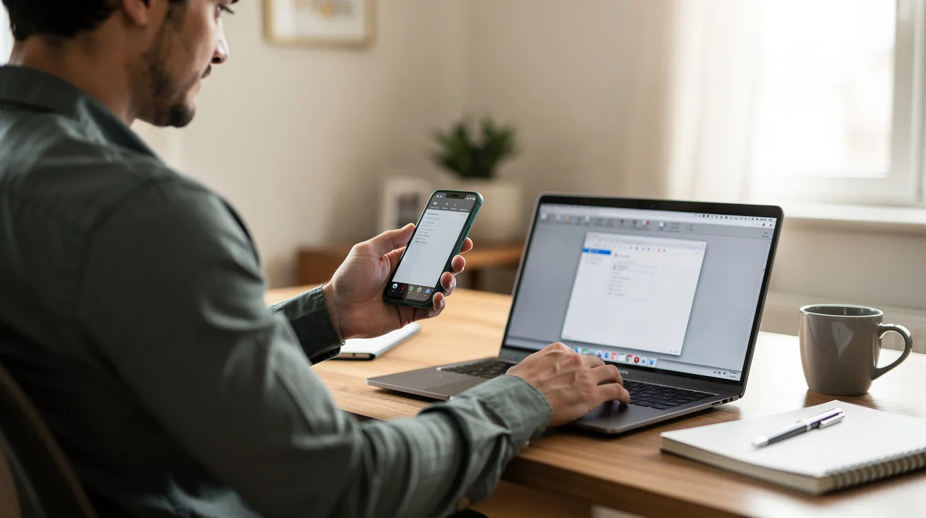 A person is focused on their smartphone while working at a desk, which also features a laptop, illustrating the integration of technology and productivity in a workspace. This scene reflects the daily activities of many users who leverage various AI tools for complex tasks and content creation.