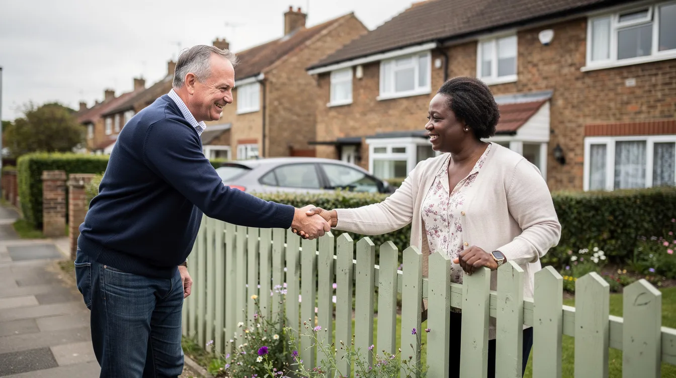 Two neighbours are shaking hands over a low garden fence in a typical UK suburban setting, symbolizing a friendly agreement related to party wall matters. The scene reflects a positive interaction between adjoining owners, potentially regarding a party wall agreement or proposed work on their properties.
