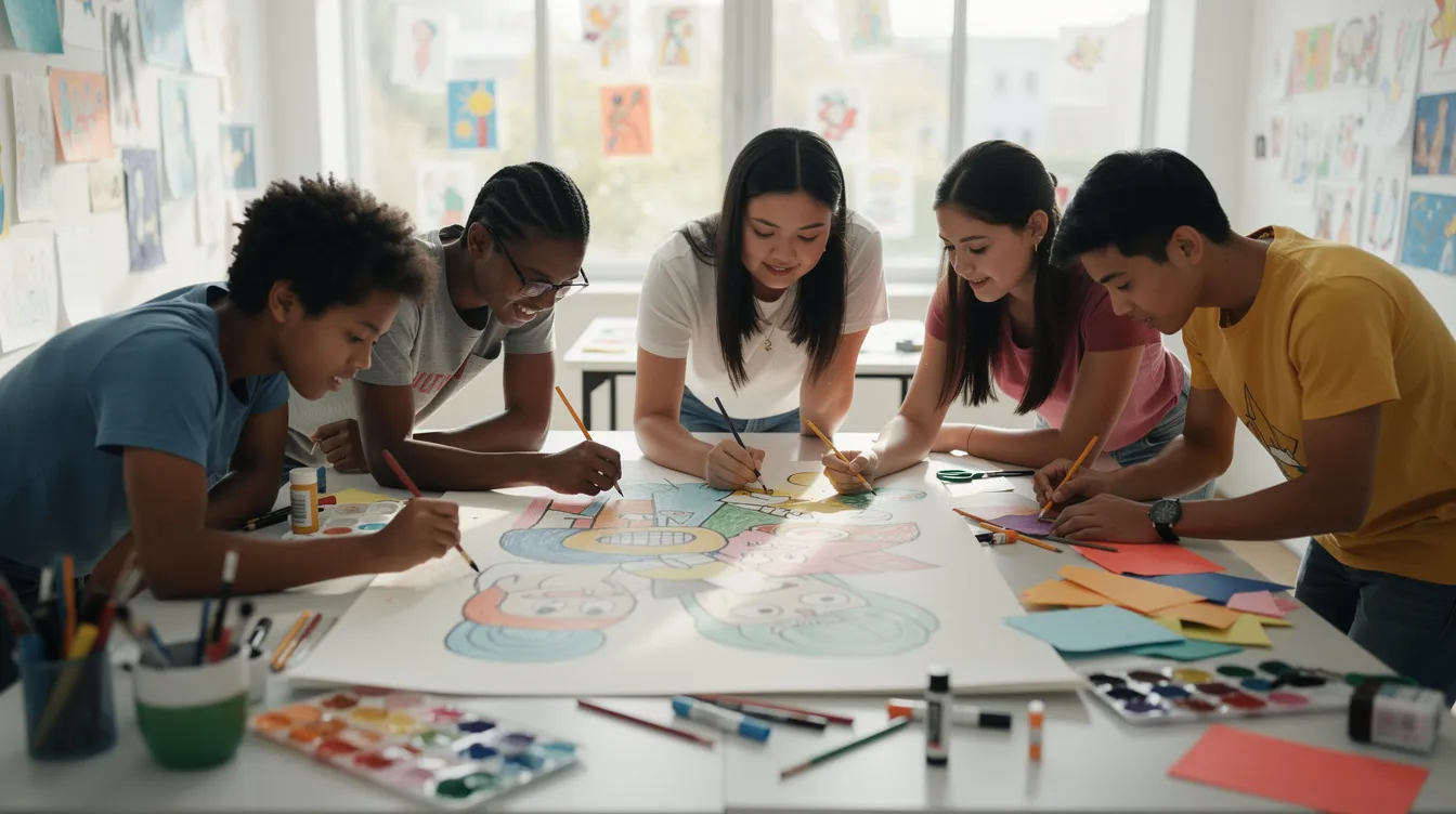 The image shows a diverse group of teenagers collaborating on an art project, reflecting their creativity and teamwork in a supportive environment. This activity promotes emotional intelligence and self-expression, essential components of trauma informed care practices that foster resilience and well-being among youth.