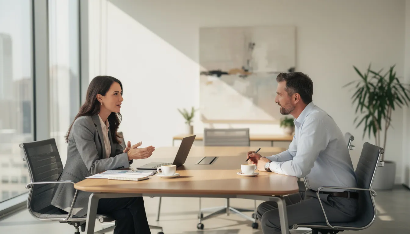 The image depicts two professionals engaged in a meeting in a modern office setting, discussing workplace injury claims and the importance of workers compensation benefits for injured workers. Their conversation likely revolves around navigating the workers compensation process and ensuring fair compensation for those affected by workplace accidents.