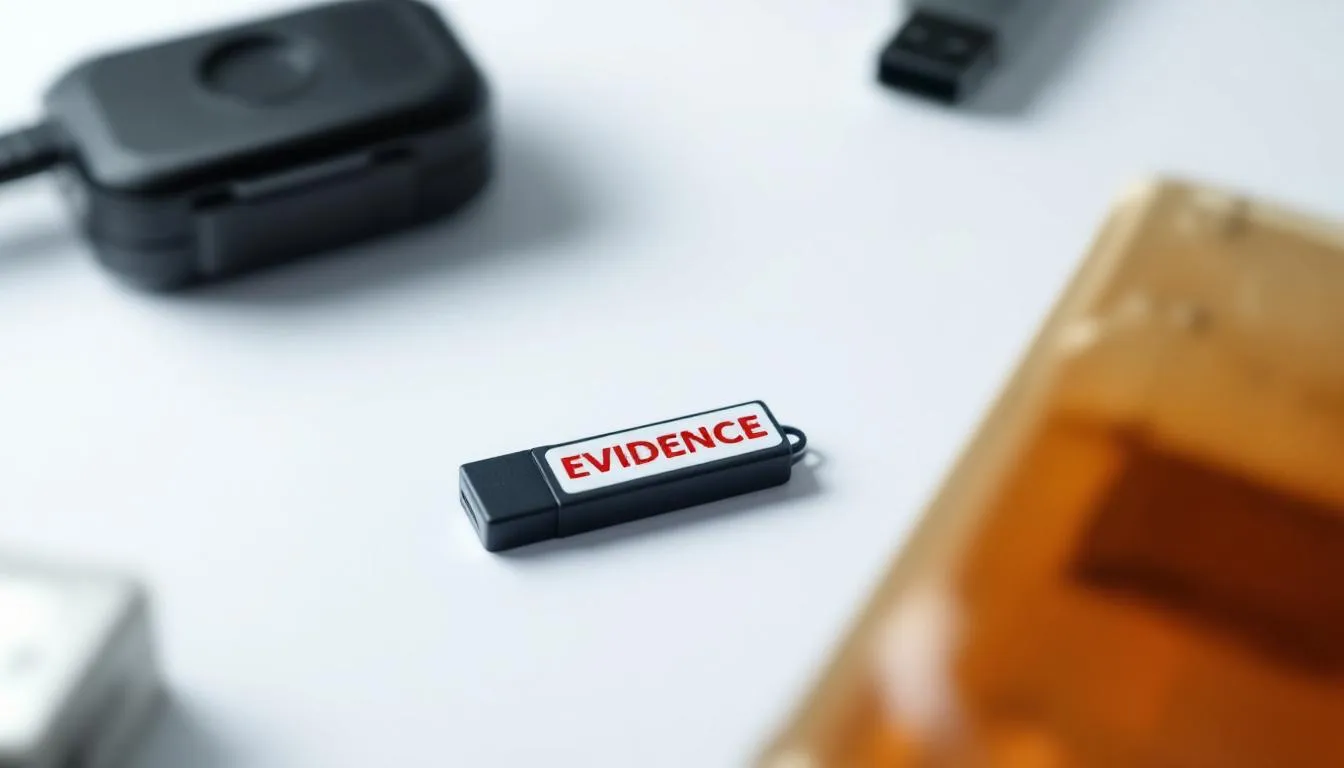 An image of a media device, specifically a flash drive labeled "evidence," is displayed prominently, suggesting its importance in a truck accident case. This visual serves as a reminder of the critical role that evidence plays in personal injury claims related to truck accidents.