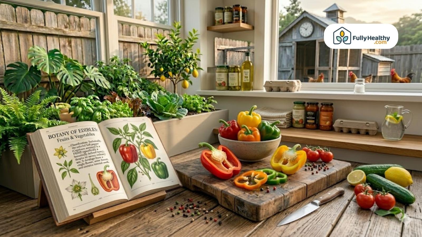 Kitchen scene with sliced bell peppers cookbook and fresh vegetables displayed