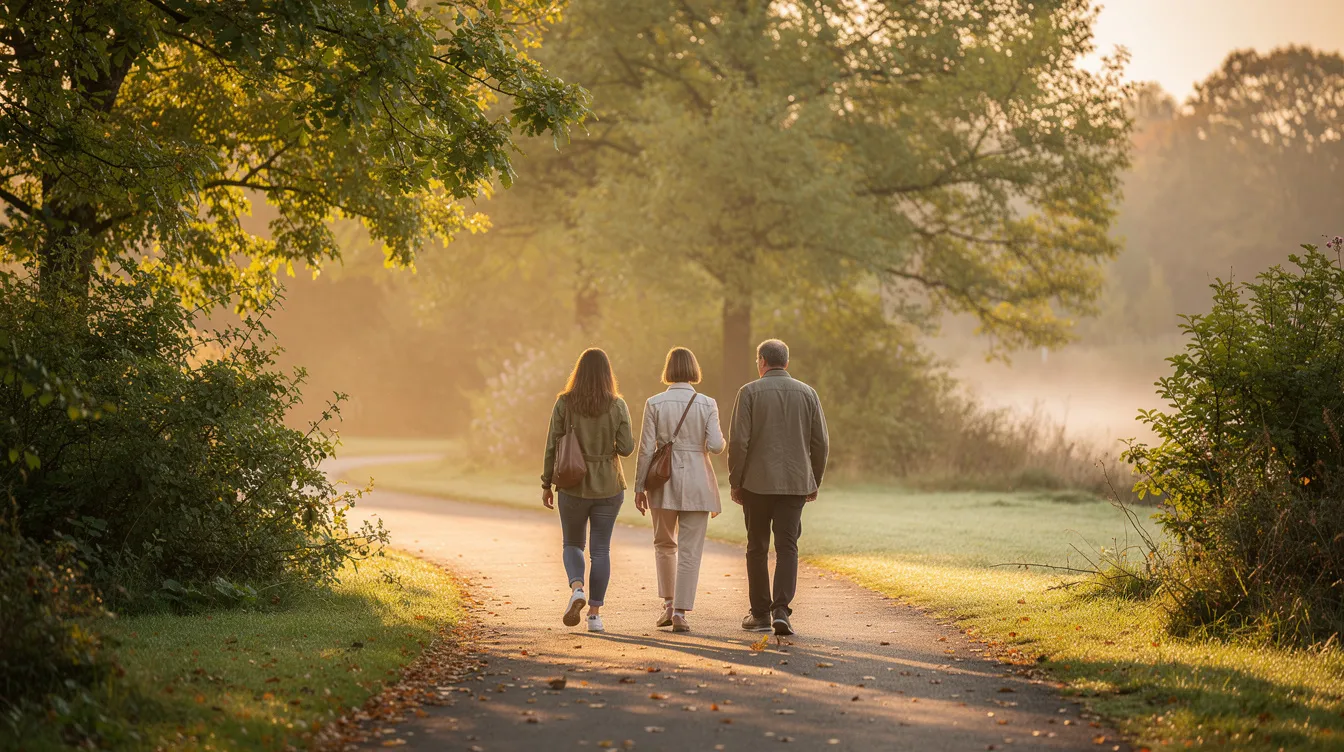 A small group of people is walking together on a quiet path, surrounded by trees and greenery, suggesting a peaceful atmosphere that may be beneficial for mental health. This scene can evoke feelings of connection and support, which are important for individuals managing bipolar disorder and its symptoms.