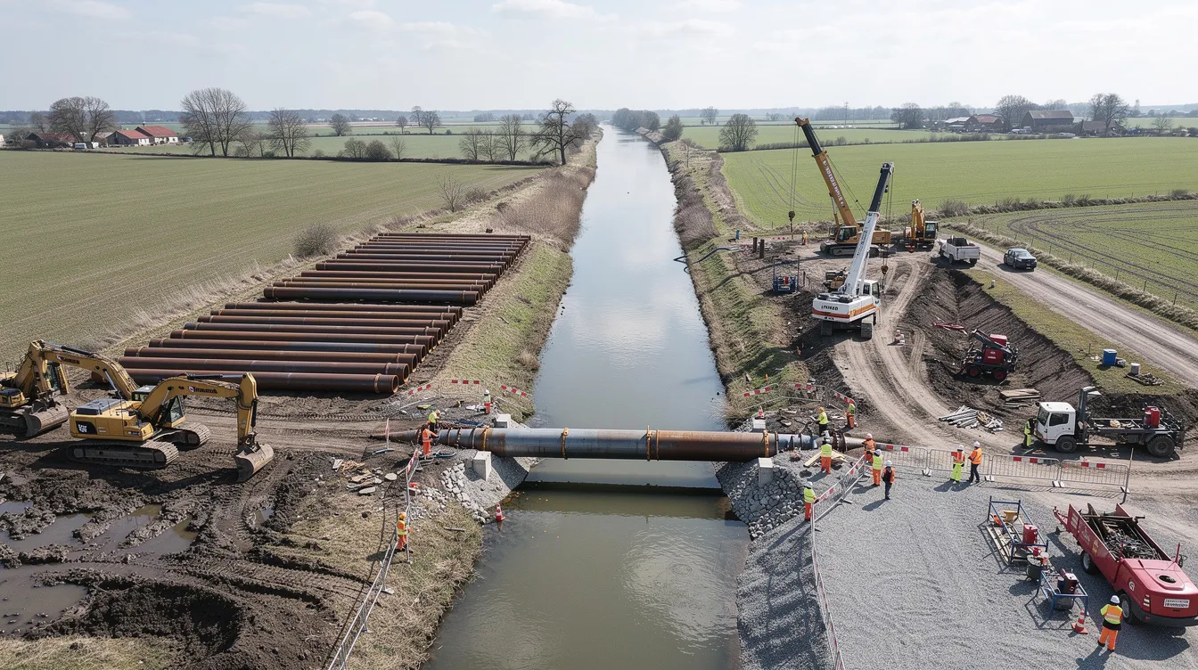 The image depicts a rural river crossing with construction equipment positioned on both banks, indicating ongoing pipeline construction for a proposed pipeline. The scene highlights the importance of pipeline easements and the role of experienced pipeline attorneys in navigating property rights and legal agreements.