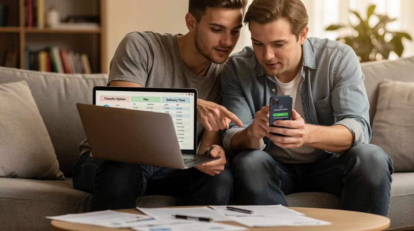Two individuals are seated together, examining various money transfer options on a laptop and a smartphone, highlighting their commitment to understanding cross-border payments and financial institutions. They appear focused on comparing details such as exchange rates and international bank account numbers (IBAN) to make informed decisions for their clients.