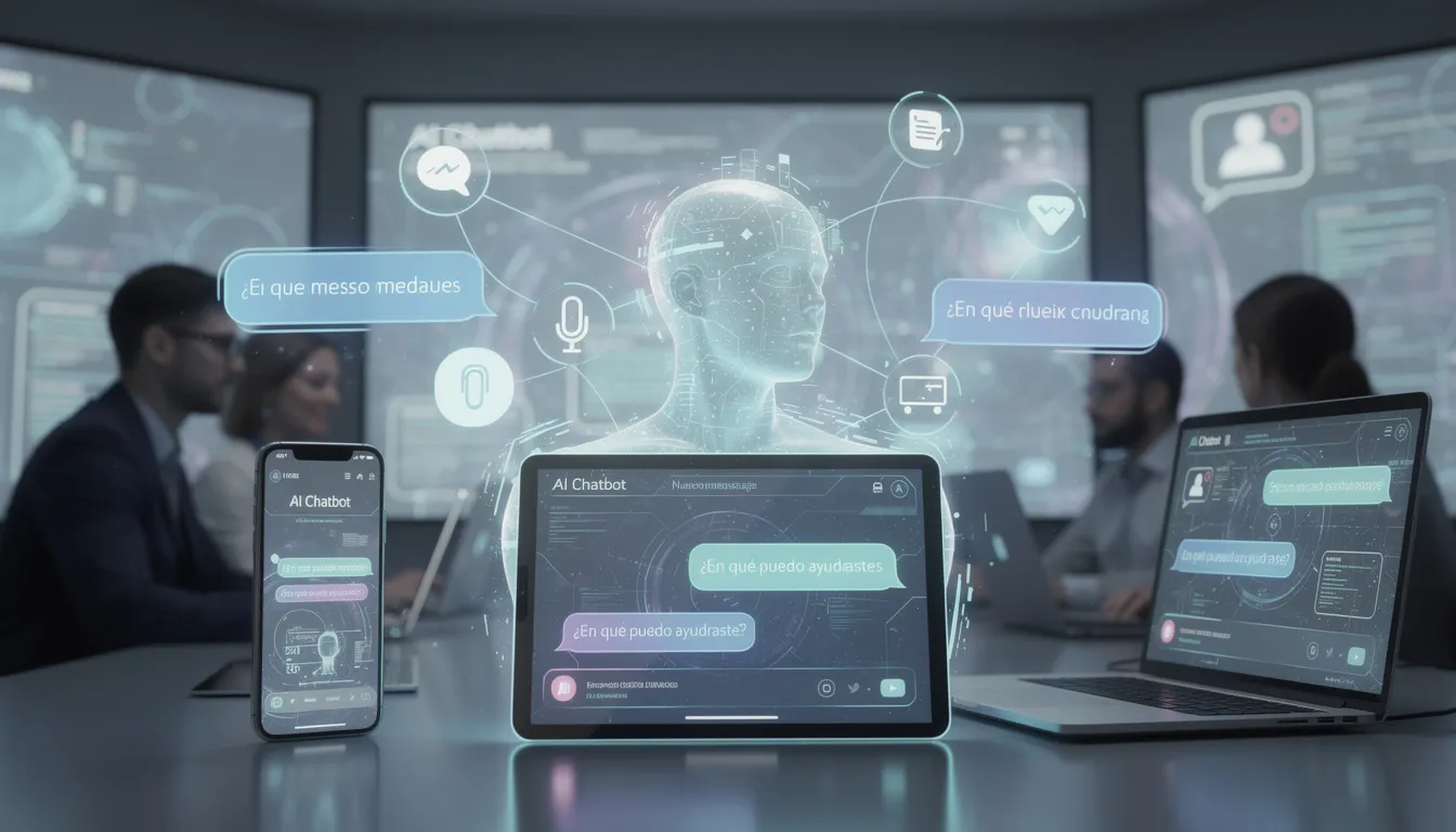 La imagen muestra una visualización futurista de chatbots con IA integrados en diversos dispositivos y plataformas, interactuando con usuarios a través de aplicaciones de mensajería y chat en vivo, mejorando así el servicio al cliente y la experiencia del consumidor. Se destacan elementos como el procesamiento de lenguaje natural y la intervención humana en flujos de trabajo, reflejando la evolución de la inteligencia artificial en la atención a las demandas de los clientes.
