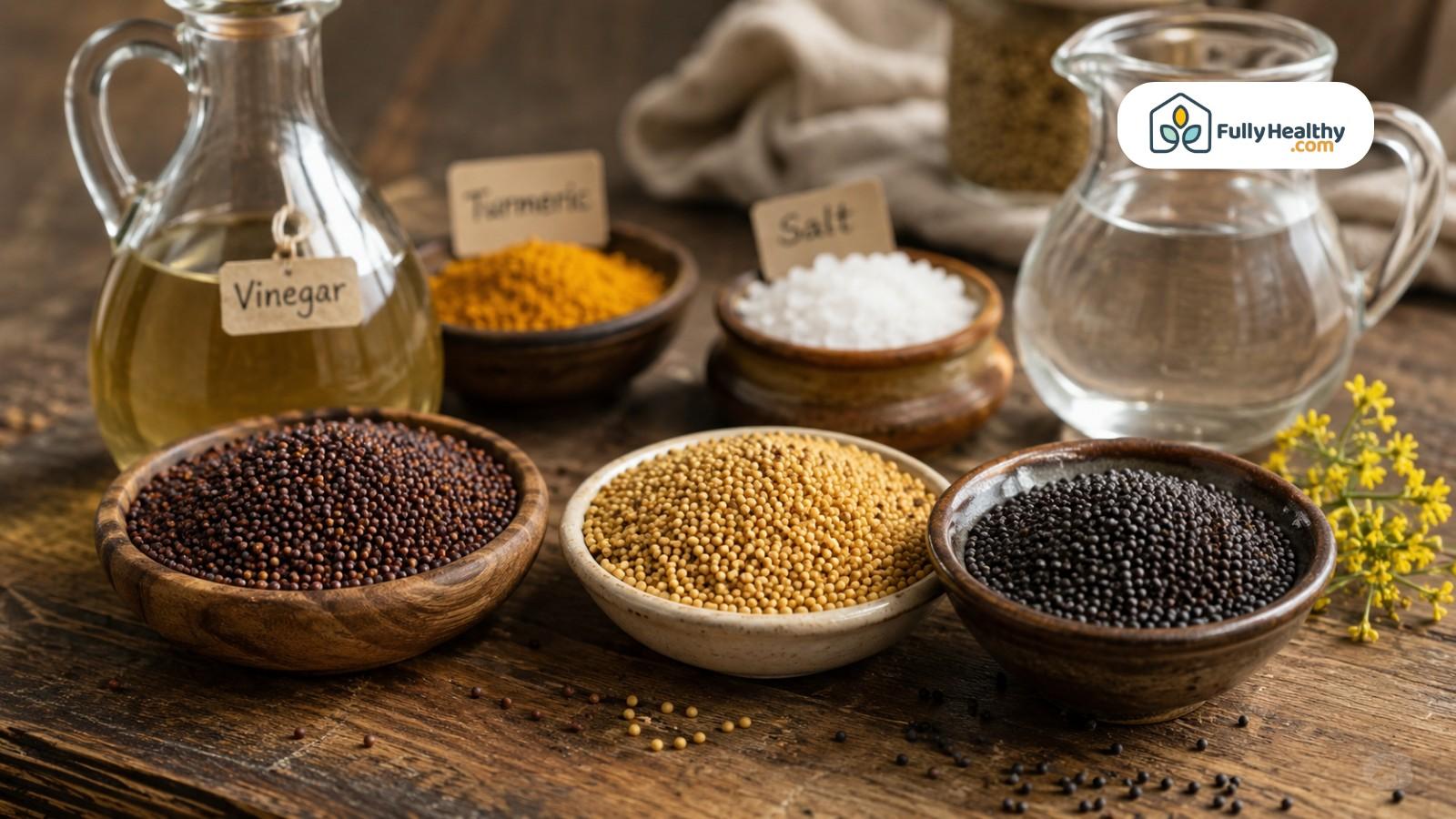 Mustard ingredients displayed with vinegar water salt turmeric and mixed seeds