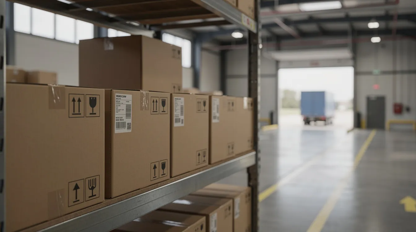 The image shows a stack of cardboard shipping boxes neatly arranged on a warehouse shelf, with a loading dock visible in the background, suggesting a busy logistics environment where trademark rights and intellectual property may be protected through trademark registration and litigation.
