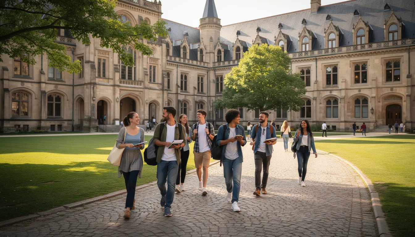 Des étudiants marchent sur un campus universitaire en Europe centrale, entourés de bâtiments historiques. Cette scène illustre la vie académique et culturelle des universités, notamment en Hongrie, où de nombreux étudiants internationaux viennent poursuivre leurs études.