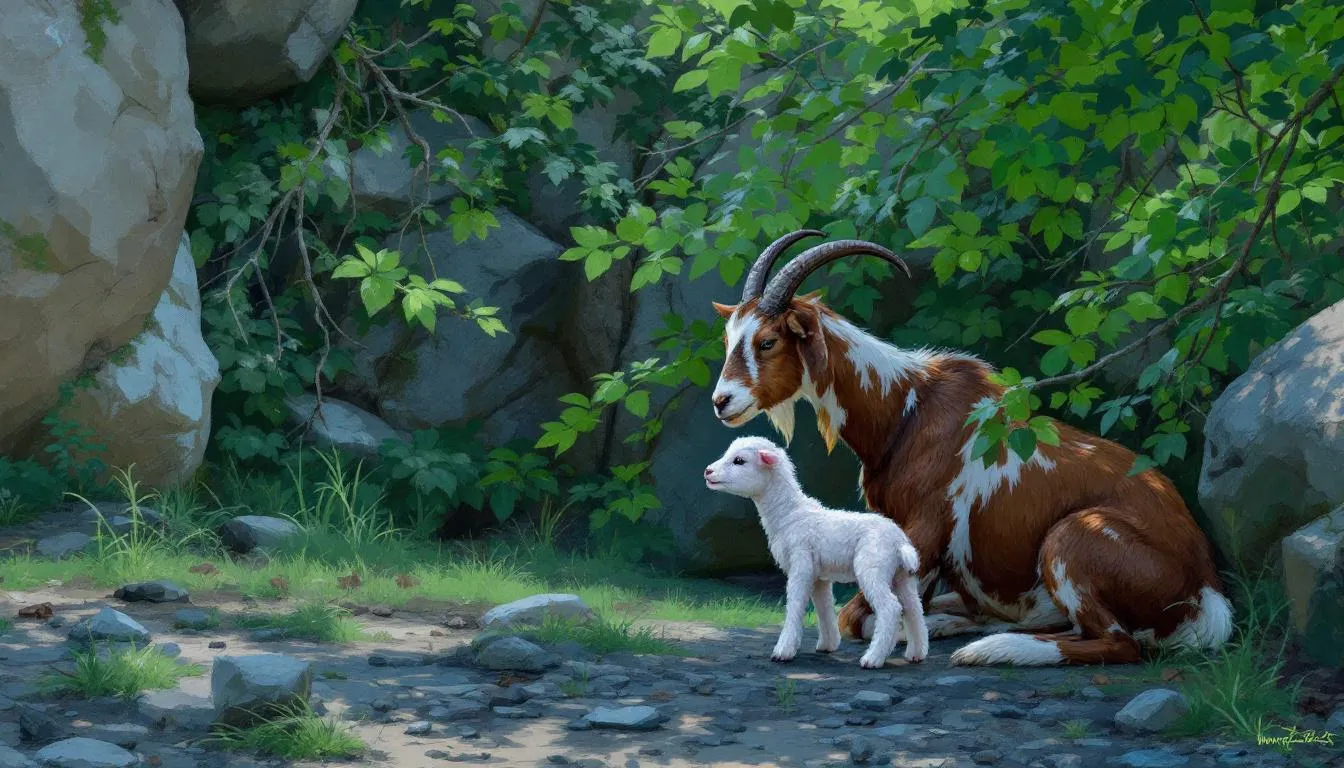 Na obrazku widoczna jest koza z małym jagniąkiem, które przebywa w naturalnym krajobrazie. W tle można dostrzec zielone łąki oraz drzewa, co tworzy spokojną i sielankową atmosferę.