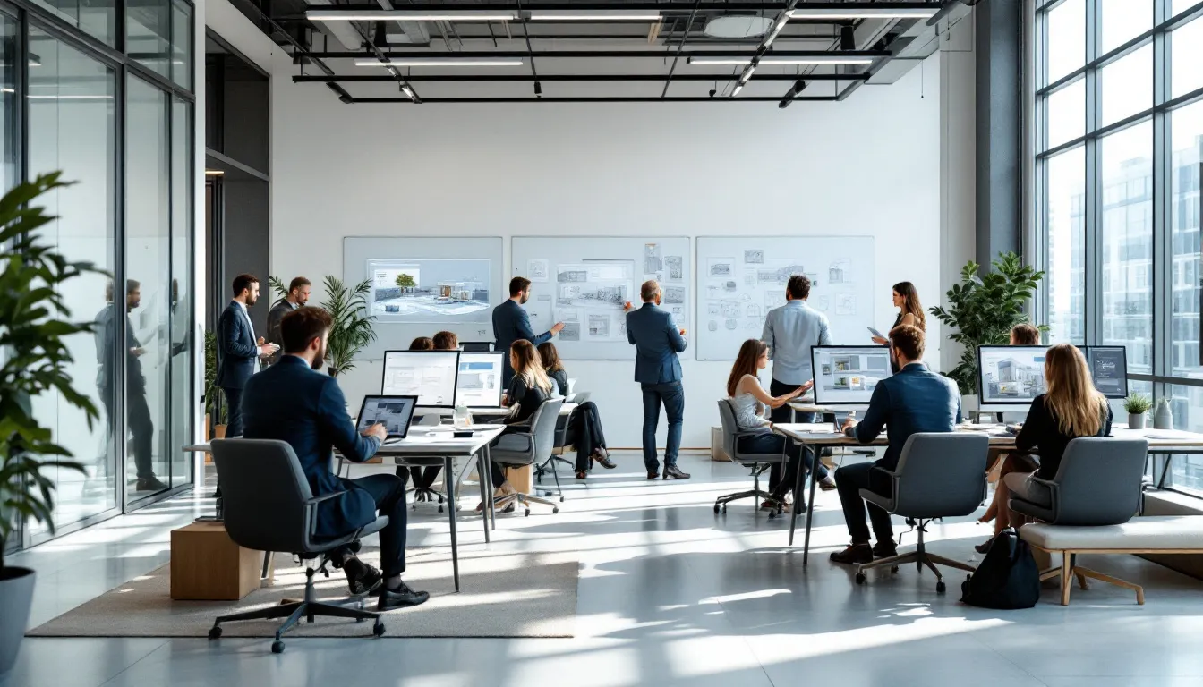 Um escritório moderno de arquitetura, iluminado e bem organizado, onde uma equipe de arquitetos trabalha em projetos criativos, refletindo um ambiente colaborativo e dinâmico. O design do espaço é contemporâneo, com elementos que lembram a abordagem de Norman Foster e a prática sustentável na arquitetura.