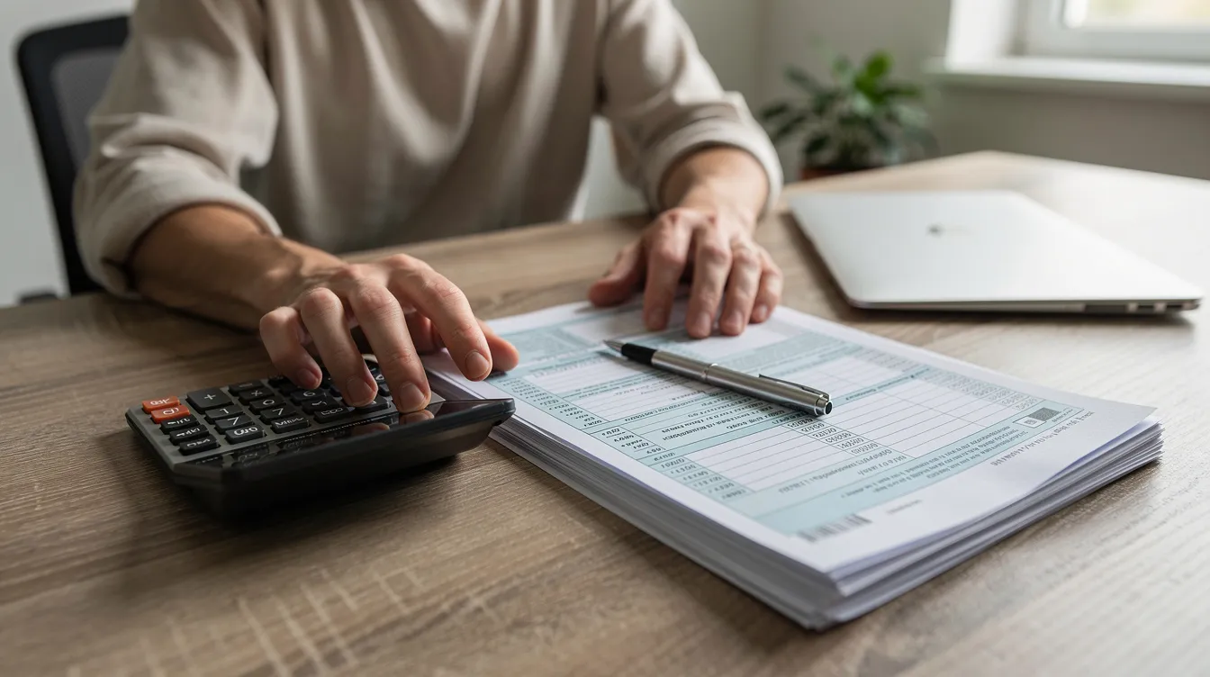 An individual is calculating figures on a calculator while surrounded by various tax forms related to inherited retirement accounts. The scene emphasizes the importance of understanding tax implications and distribution rules for inherited IRA assets.
