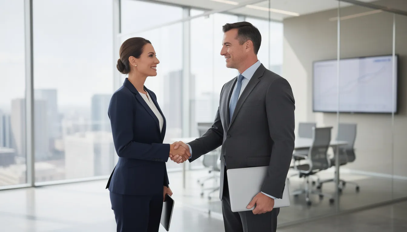 The image depicts two business professionals shaking hands in a modern office setting, symbolizing a successful partnership in the realm of international payment solutions. Their collaboration suggests a focus on global payments and the ability to process transactions across multiple currencies, enhancing customer experience and facilitating growth in new markets.