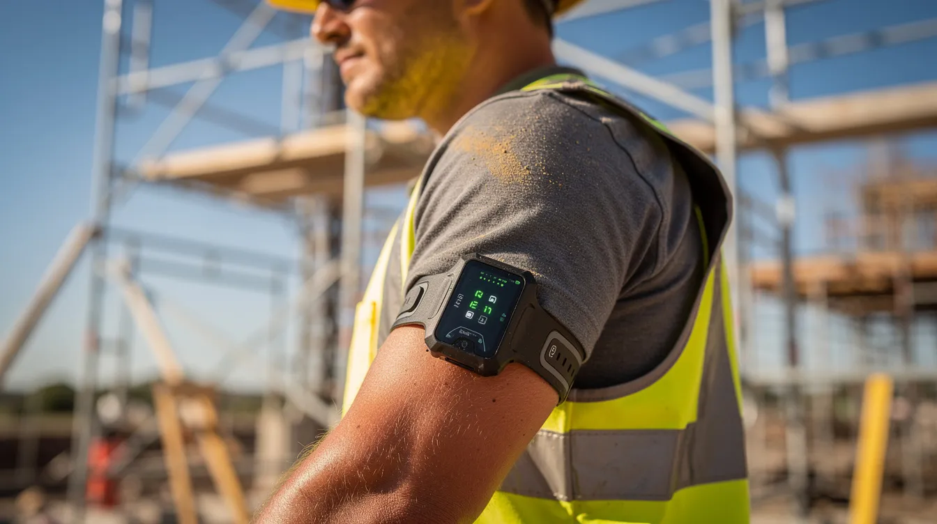 A close-up of a construction worker wearing a biometric armband sensor, designed for real-time monitoring of core body temperature and skin temperature, is visible against a sunny jobsite with scaffolding in the background. This wearable technology helps improve worker safety by tracking heat stress and preventing heat-related illnesses in the construction industry.