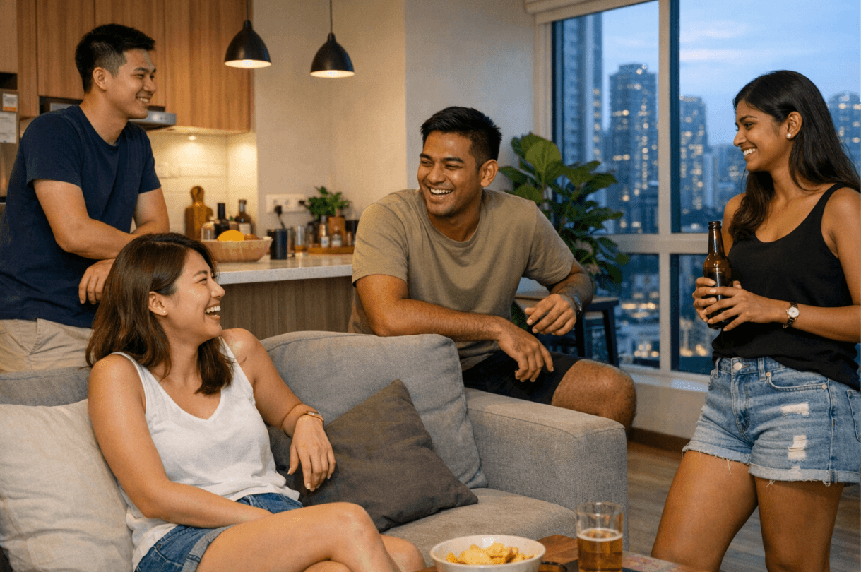 A group of people socializing and enjoying time together in a living room.