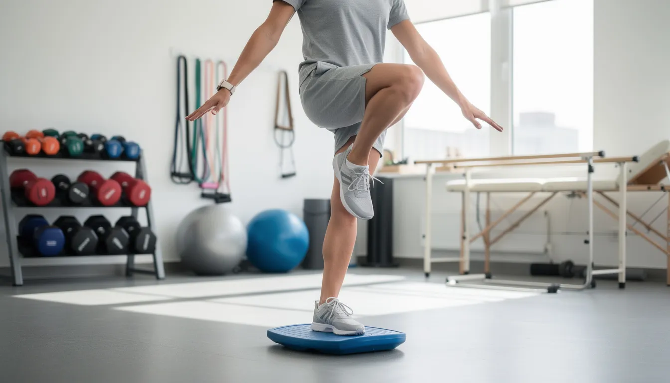 A person is performing a single-leg balance exercise in a physiotherapy clinic, focusing on their coordination and muscle strength while standing on one foot. Exercise equipment is visible in the background, creating an environment that encourages movement and supports the development of gross motor skills.