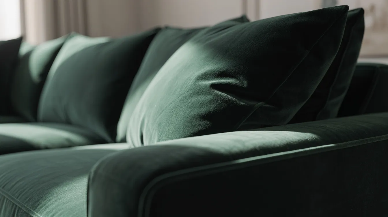 A close-up view of plush velvet sofa cushions in a rich forest green hue, softly illuminated by natural light, highlighting the luxurious texture and inviting comfort of this perfect loveseat sofa. The image conveys a sense of coziness, ideal for unwinding and enjoying quality time in any small space.
