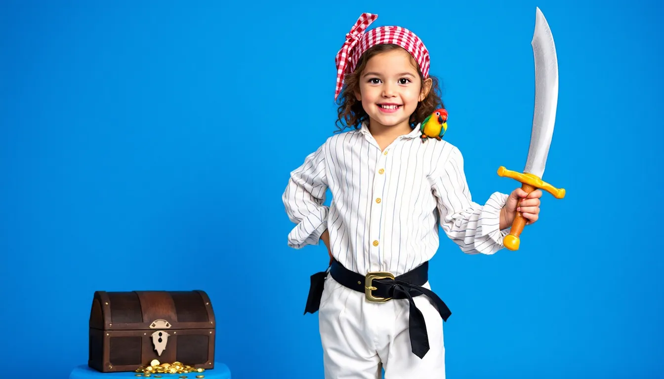 A little girl is wearing a colorful pirate costume complete with an eye patch and playful accessories, ready for adventure. Her outfit features a fun mix of patterns and jewelry, embodying the spirit of pirates while showcasing her love for imaginative play.