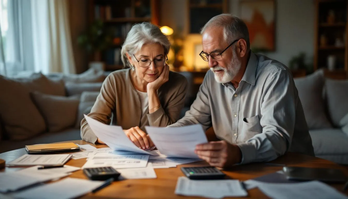 An elderly couple sits at a table, reviewing various financial documents and retirement planning materials, including information on required minimum distributions (RMDs) and qualified annuities. They appear focused and engaged, discussing their retirement accounts and strategies for ensuring a steady income in their later years.