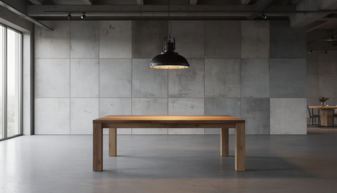 Een industriële woonkamer met grijze betonlook wandpanelen en een zwarte metalen lamp boven een houten tafel. De ruimte straalt een moderne sfeer uit, perfect voor een eigentijdse inrichting.