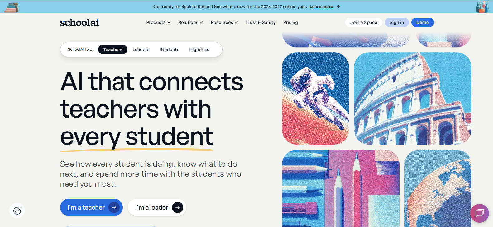 SchoolAI platform connecting teachers with students through AI-powered personalized learning and classroom support, making it a strong Cognii alternative.