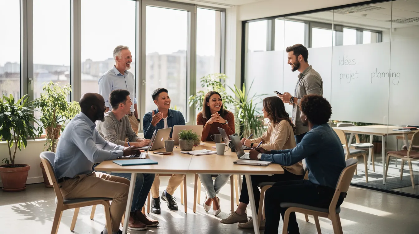 Une équipe diverse est réunie de manière informelle dans un bureau moderne, échangeant des idées et des stratégies de management. Les collaborateurs, chacun avec leurs compétences uniques, contribuent à une dynamique de travail axée sur le bien-être et la performance collective.