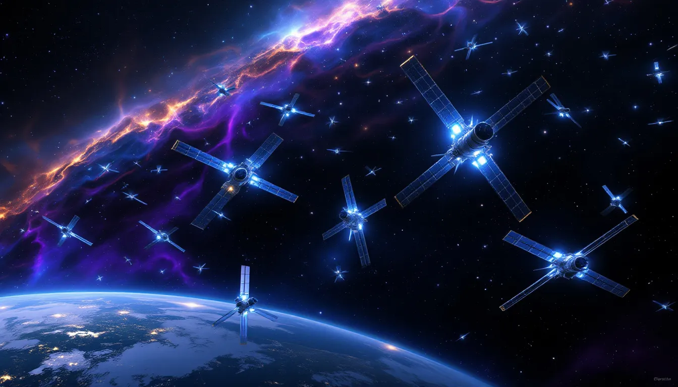 Przykład satelity Starlink na tle przestrzeni kosmicznej.