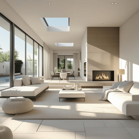 Bright and spacious modern living room with a neutral color palette, large windows, skylights, minimalistic furniture, and a sleek fireplace.