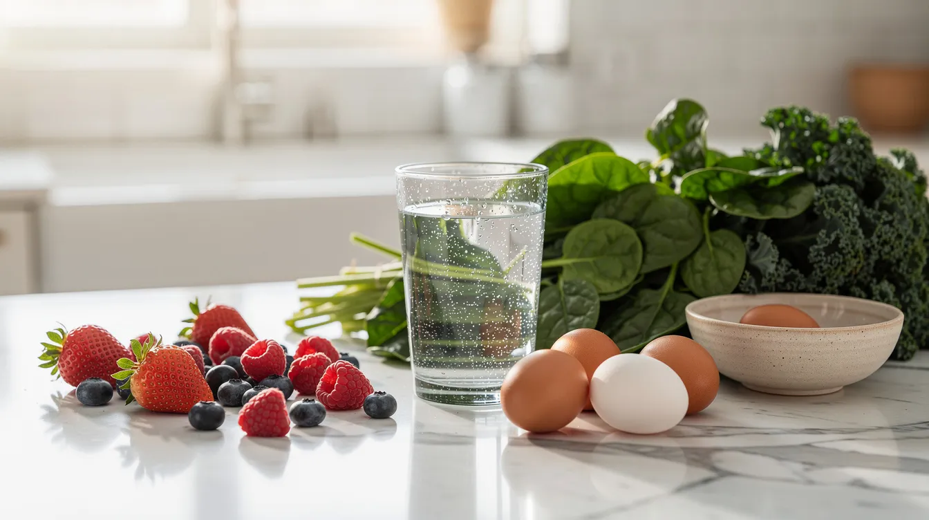 The image features a bright kitchen counter adorned with a glass of water, an assortment of fresh berries, eggs, and leafy greens, all arranged in a natural and inviting manner. This vibrant display promotes a balanced diet, essential for maintaining skin health and supporting the body's natural collagen production.