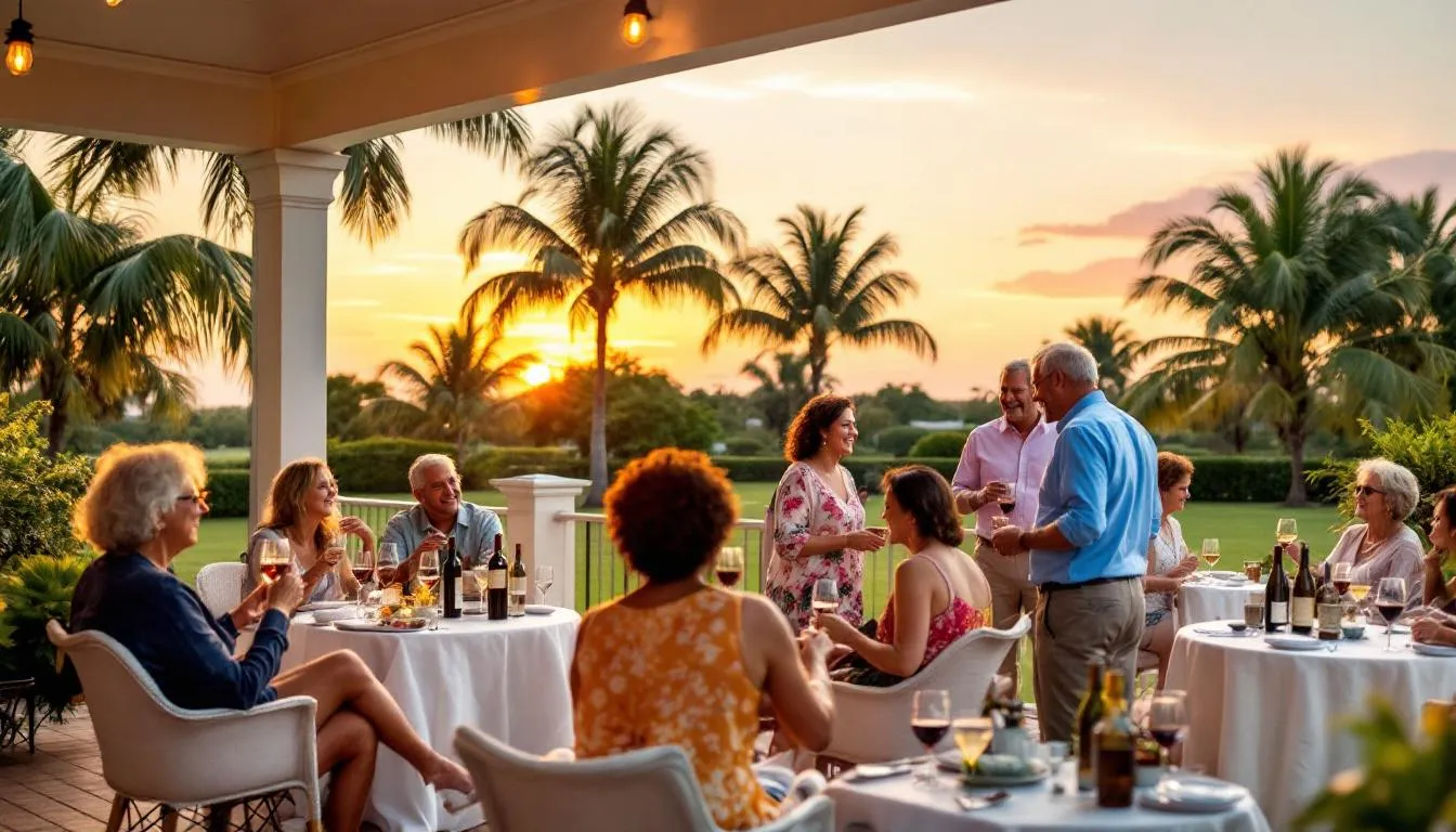 The image depicts the community clubhouse at Imperial Golf Estates in Naples, FL, where residents are enjoying a wine tasting event on a warm, sunny evening. Lively conversations and laughter fill the air as friends gather to appreciate fine wines in this beautiful gated community.
