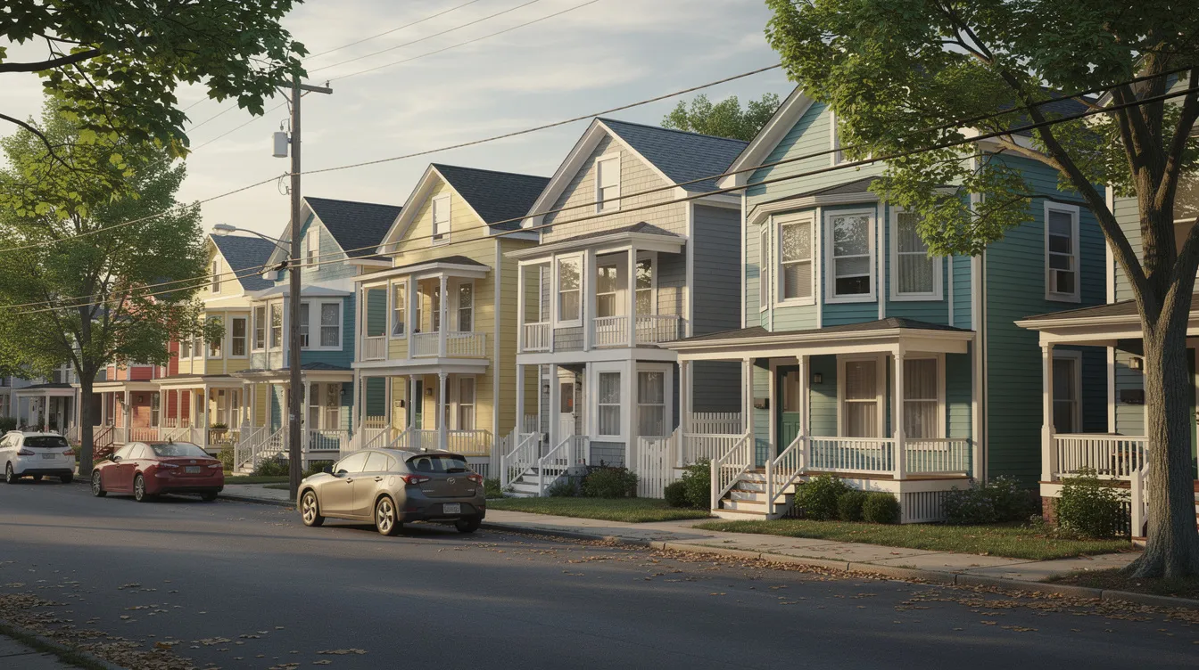 The image depicts a row of colorful New England triple-decker multifamily homes lining a quiet residential street, showcasing the charm of local architecture. These investment properties are popular among real estate investors, particularly in Connecticut, for their potential in rental income and community appeal.