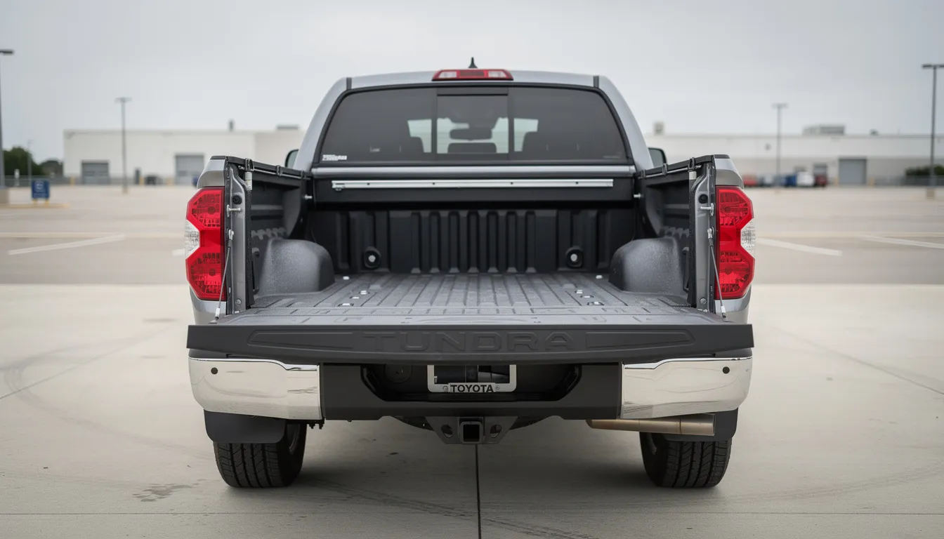The image shows the rear view of a Toyota Tundra pickup truck with the tailgate down, revealing the spacious truck bed area designed for cargo. This model features a double cab configuration, providing ample space for both passengers and equipment, making it ideal for family trips and hauling longer items.