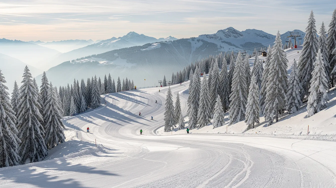 Die weitläufige Winterlandschaft zeigt verschneite Tannen und gut präparierte Skipisten, die ideal für Wintersporttage im Skigebiet nahe Frankfurt sind. Die Szenerie strahlt eine friedliche Atmosphäre aus und lädt Familien und Anfänger zum Skifahren und Rodeln ein.