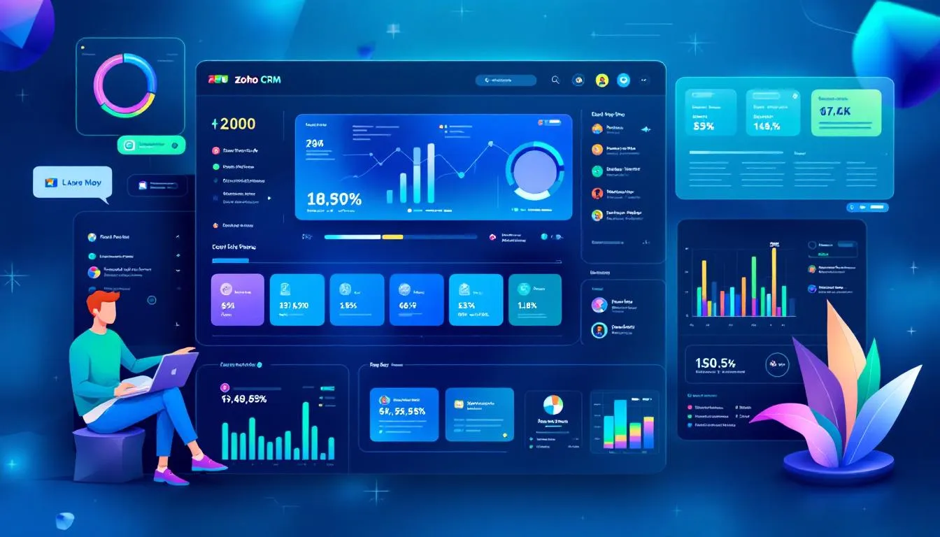 Illustration Of Zoho Crm Dashboard With Analytics, Reports, And Data Visualization Representing Zoho Consultancy For Business Automation And Insights.