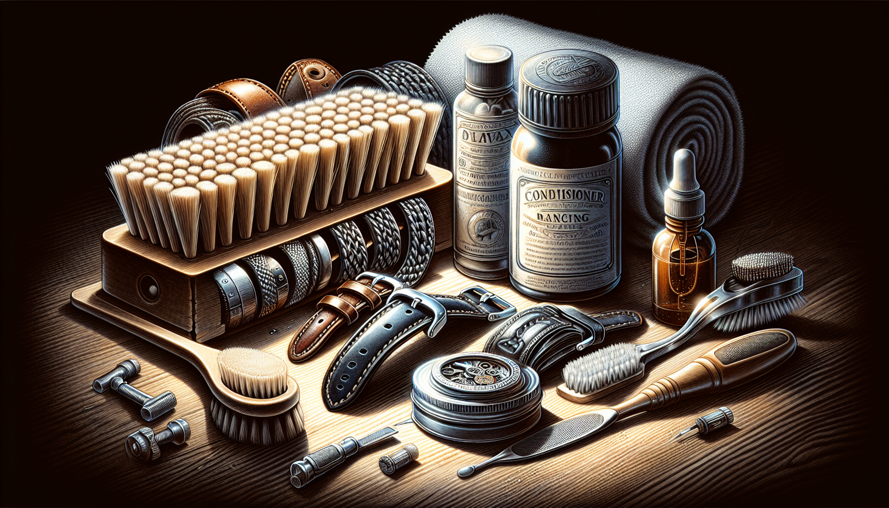 Illustration of cleaning and conditioning tools for watch straps