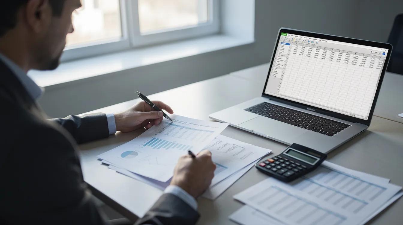 A person is sitting at a desk, intently reviewing financial documents while using a calculator and a laptop nearby. The scene suggests they are engaged in tasks related to electronic fund transfers, such as verifying account details and preparing for international wire transfers.