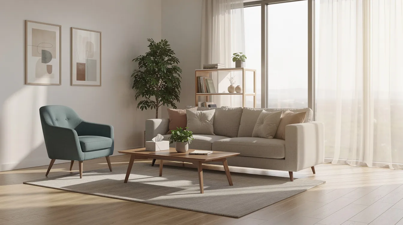 The image depicts a serene and modern therapy office bathed in natural sunlight, featuring comfortable seating that invites relaxation. This tranquil space is designed for personalized treatment plans, emphasizing patient care and mental health in a supportive environment.