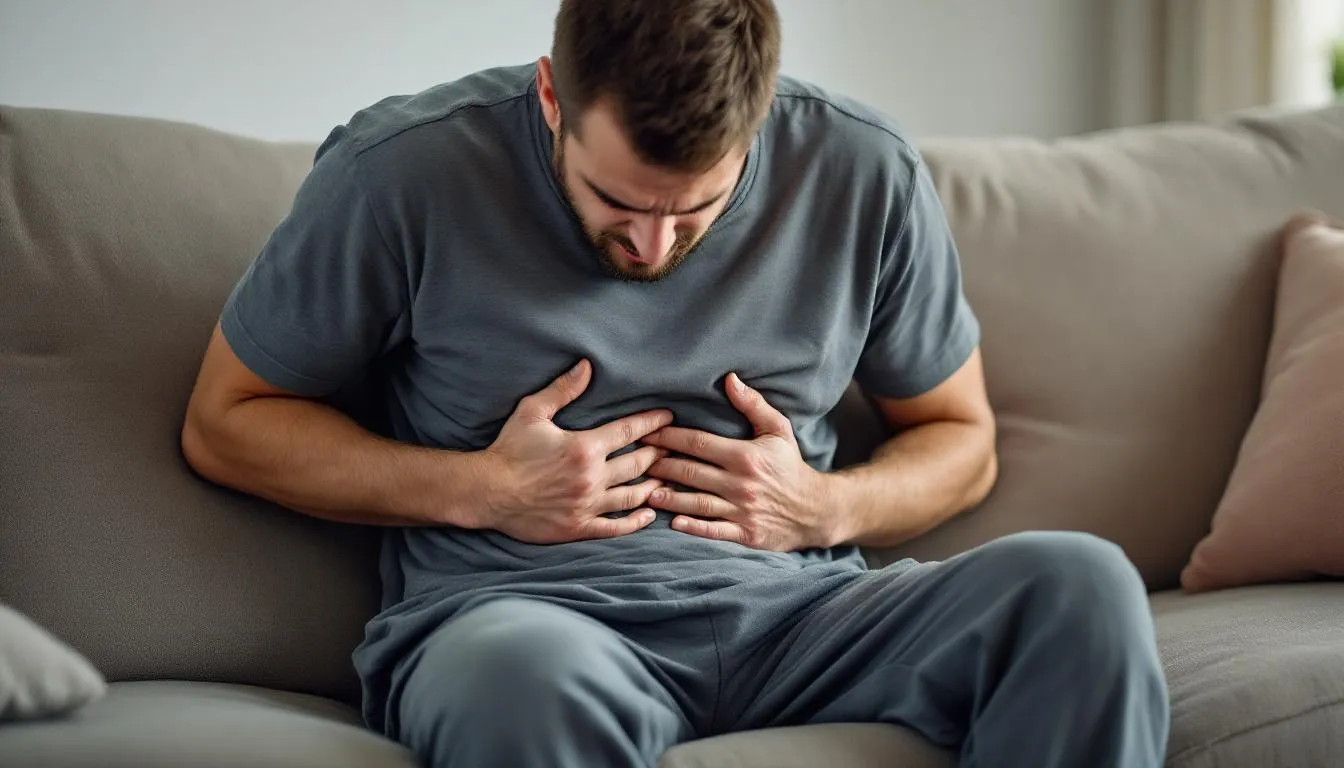 A person sits on a couch, holding their abdomen in discomfort, likely experiencing symptoms of irritable bowel syndrome or other gastrointestinal disorders. Their expression reflects the struggle with abdominal pain and the impact of bowel symptoms on daily life.