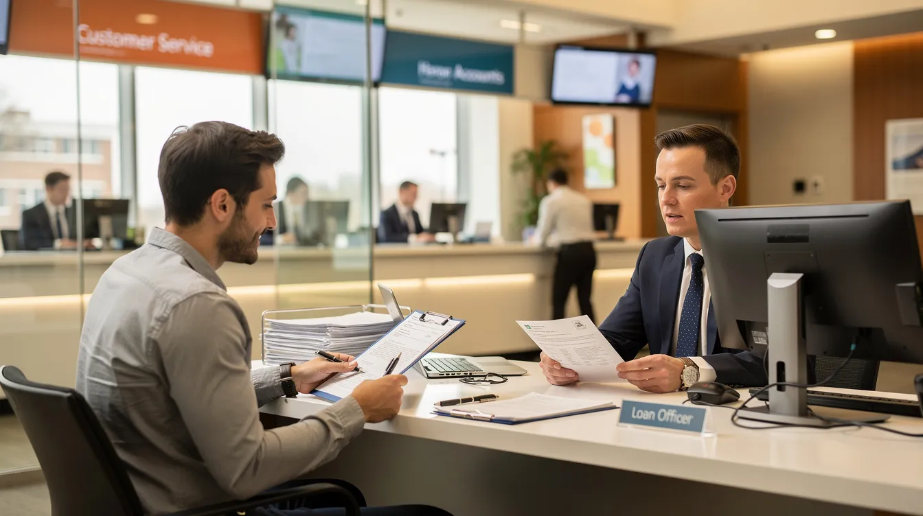 f2941c44 2148 4896 b9b9 c0f68b6371cc The image shows a small business owner engaged in a discussion with a bank officer at a desk inside a bank branch, likely discussing details related to mudra loans and the eligibility criteria for funding their micro enterprise. The atmosphere suggests a focus on paperwork and the loan application process, indicating the importance of creditworthiness and cash flow in securing financial support.