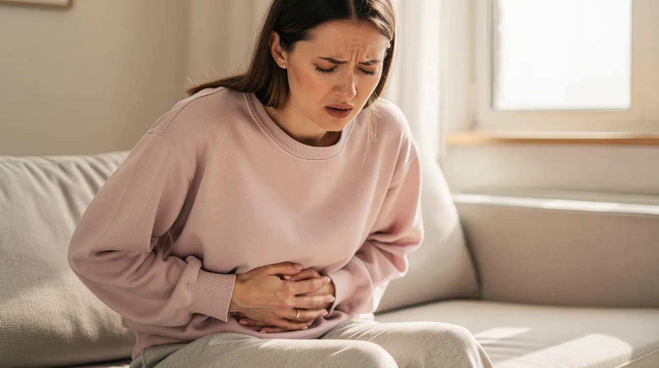 Une femme assise dans un intérieur lumineux tient son bas-ventre avec une expression de douleur, illustrant les symptômes de l'endométriose et les douleurs pendant les règles. Son visage reflète l'intensité de la gêne liée à cette affection, souvent associée à des cycles menstruels difficiles.