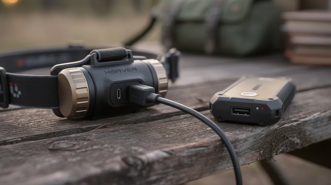 A close-up image shows a USB C rechargeable headlamp connected to a portable power bank via a USB cable, resting on a wooden camp table. The scene emphasizes the reliable headlamp's battery life, highlighting its suitability for camping and outdoor activities.