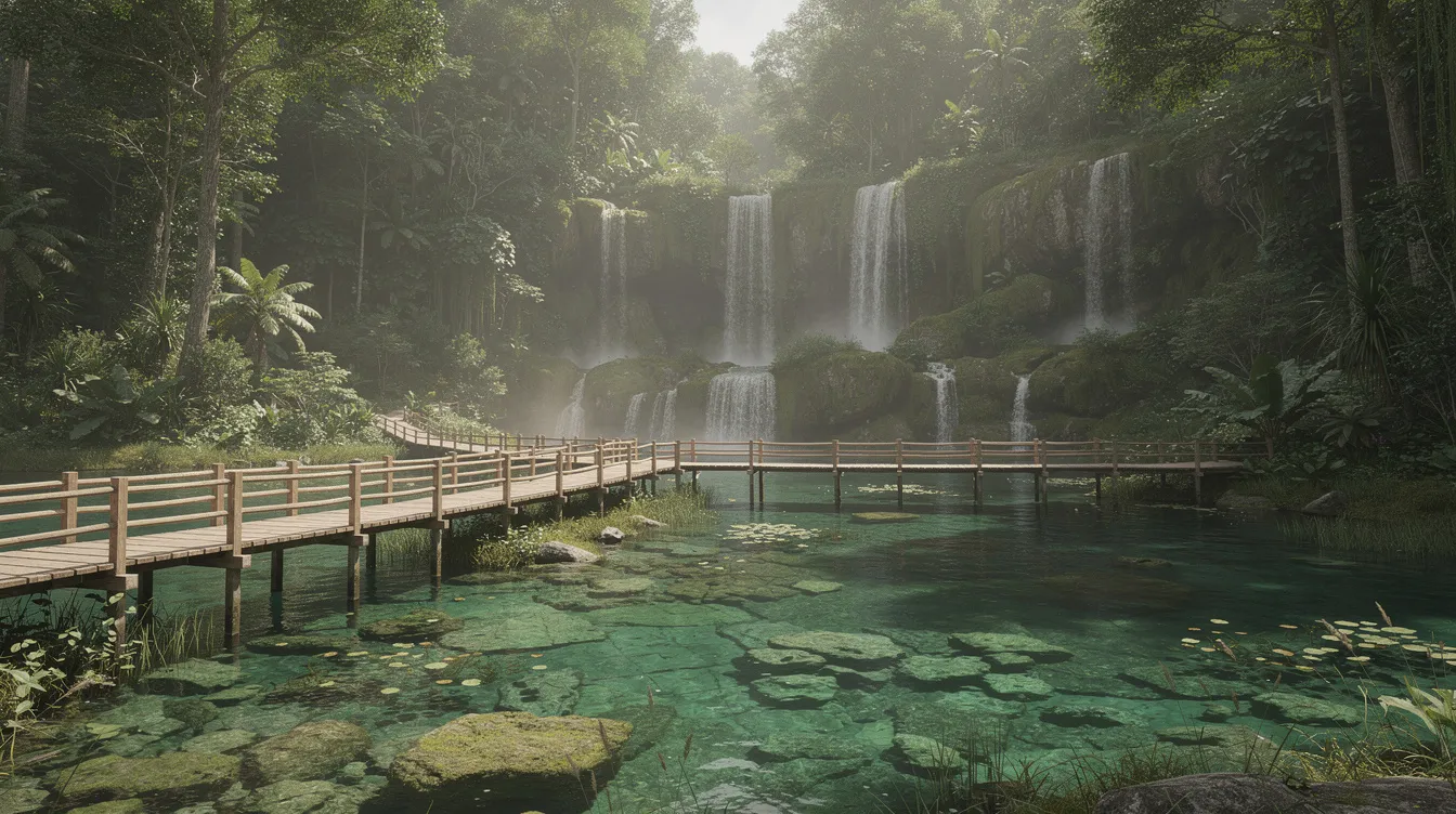 A imagem mostra passarelas de madeira que se estendem sobre lagos de água verde-esmeralda, com cachoeiras ao fundo, cercadas por uma densa floresta. Essa cena remete à beleza natural da Croácia, um país conhecido por suas paisagens deslumbrantes e atrativos turísticos.