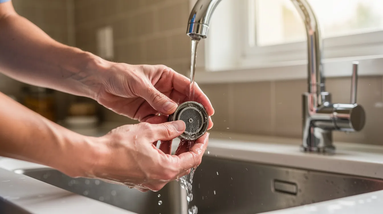 A homeowner is rinsing a faucet aerator in a kitchen sink to remove mineral buildup and debris, ensuring a clean faucet for improved water flow. This maintenance helps prevent clogs and maintain an efficient plumbing system without the use of harsh chemicals.