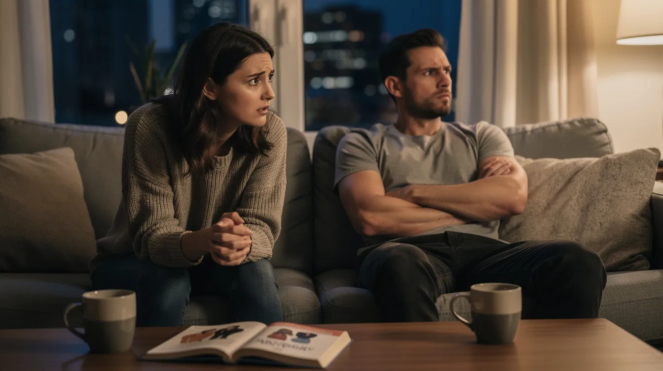 The image depicts a couple sitting together, appearing distant and emotionally disconnected, symbolizing the struggles of different attachment styles in romantic relationships. Their body language suggests issues related to avoidant and anxious attachment, highlighting the challenges of achieving emotional intimacy and secure attachment in adult relationships.